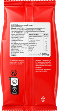 Tył czerwonej torebki Alnatura Bio suszone kawałki mango 100g z listą składników i wartością odżywczą.