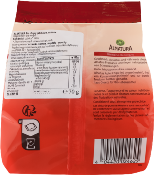 Tył opakowania chipsów jabłkowych Alnatura BIO z ekologicznych jabłek, z tabelą wartości odżywczych.