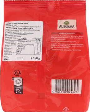 Tył czerwonej torebki Alnatura chipsów jabłkowych bio 70g. Widoczna tabela wartości odżywczych i kod kreskowy.
