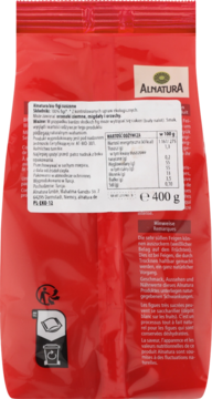 Tył czerwonego opakowania Almata Figi suszone 400g. Widoczna etykieta z wartościami odżywczymi i tekstem w języku polskim.