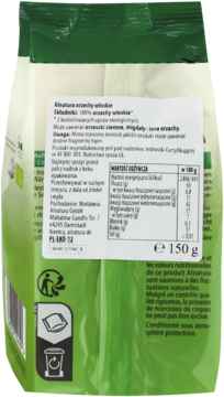 Tył zielono-białego opakowania Alnatura Orzechów Włoskich 150g. Widoczne informacje odżywcze i składniki w języku polskim.