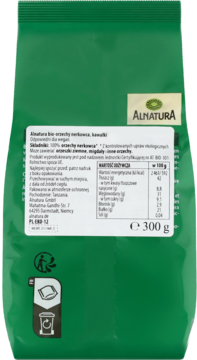 Tył zielonego opakowania Alnatura bio orzechów nerkowca (kawałki) 300g, z listą składników i tabelą odżywczą.
