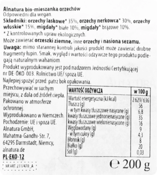 Tył opakowania Alnatura bio-mieszanka orzechów z listą składników, tabelą wartości odżywczych i certyfikatami.