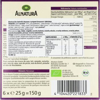 Tył opakowania ekologicznego batona musli Alnatura z syropem klonowym, widoczne dane odżywcze, skład.
