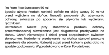Biała etykieta z tyłu I'm From Rice Sunscreen 50ml, czarny tekst z instrukcją użycia i ostrzeżeniami.