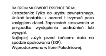IM FROM MUGWORT ESSENCE 30 ML. Etykieta produktu z ostrzeżeniami i instrukcją użycia, czarny tekst na białym tle.