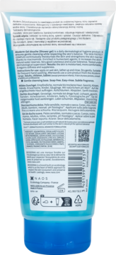 Tył niebieskiej tuby delikatnego żelu Bioderma Atoderm z opisem w kilku językach i kodami.