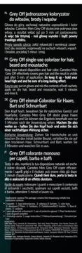 Grey Off single-use colorizer label for hair, beard, moustache with multi-language instructions on dark background.