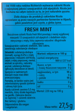 Tylna strona niebieskiego opakowania Ricola Fresh Mint. Widoczny polski opis bezcukrowych cukierków ziołowych i tabela wartości odżywczych.