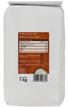 Tył białej torby ekologicznej mąki żytniej typu 720 z etykietą, wartościami odżywczymi i wagą 1 kg.