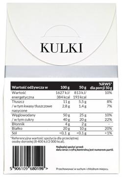 Tył białego opakowania proteinowych kulek daktylowych KULKI, z wyraźną tabelą wartości odżywczych i kodem kreskowym.