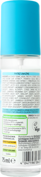 Tył dezodorantu w sprayu, 75 ml, w przezroczystej butelce z turkusową zakrętką, z listą składników i etykietami.