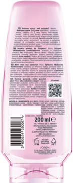 Tył różowej, półprzezroczystej butelki nabłyszczającej odżywki Elseve Glycolic Gloss. Widoczne napisy, kod i 200 ml.