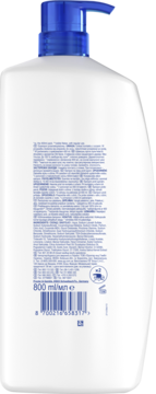 Tył białej butelki szamponu przeciwłupieżowego Head & Shoulders Men Ultra Old Spice z niebieską pompką, widoczne informacje i kod kreskowy.