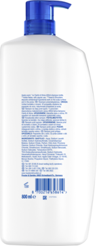 Biała butelka szamponu Head & Shoulders Clarify & Shine 800ml, tył z etykietą, kod EAN i skład.