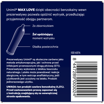 Tył ciemnoniebieskiego opakowania prezerwatyw Unimil Max Love z benzokainą, opóźniających wytrysk.