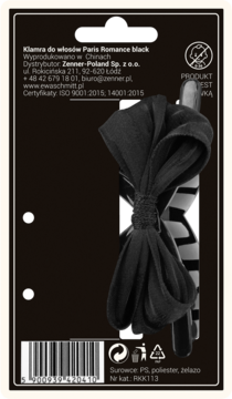 Tył czarnego opakowania klamry do włosów Ewa Schmitt Paris Romance black z kokardą i kodem kreskowym.