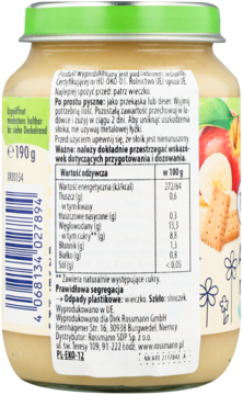 Tył słoiczka z kaszką owocową Rossmann. Biała etykieta z danymi odżywczymi, kodem kreskowym i instrukcjami.