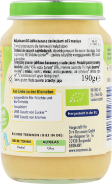 Tył szklanego słoiczka z przecierem Baby Dream BIO jabłko-banan-ciasteczka 190g, z listą składników, bez cukru.