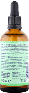 Tylna etykieta brązowego olejku Opuncja Figowa do twarzy i ciała 100ml z czarnym zakraplaczem, widok z tyłu.