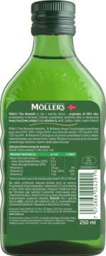MÖLLER'S Tran Norweski ,tran o naturalnym aromacie, dla dorosłych i dzieci powyżej 3. roku życia, suplement diety,tył