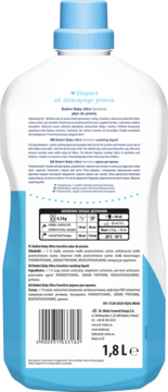 Tył białej butelki Bobini Baby płynu do prania 1.8L. Widoczne składniki, instrukcje i dane producenta.