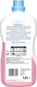 Tył butelki Bobini Baby Ultra Sensitive koncentrat do płukania 1.8L z polskim tekstem, instrukcjami prania, składem.