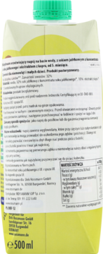 Tył żółto-zielonego kartonu napoju owocowego dla dzieci 500ml. Widoczna zielona nakrętka i szczegóły składu.