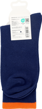 Granatowe skarpety z pomarańczowym ściągaczem, ułożone pionowo, z widoczną białą metką produktu.