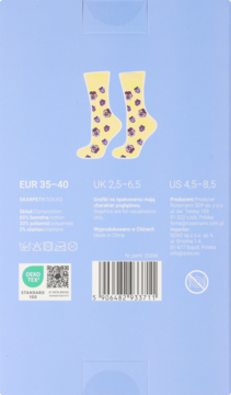 Tył jasnoniebieskiego opakowania skarpetek z żółtymi skarpetkami w kwiatowy wzór, rozmiarami i kodem kreskowym.