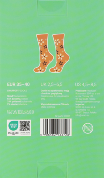 Tył opakowania zielonych skarpetek bawełnianych z pomarańczowym wzorem w białe kwiaty, widoczne rozmiary, skład i kod QR.