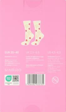 Tył różowego opakowania skarpetek z grafiką białych skarpet w czerwone kropki. Widoczne rozmiary EUR, UK, US.