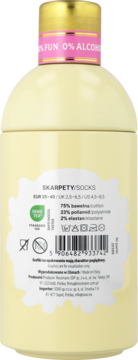 Tył żółtego pojemnika ze skarpetkami, widoczny rozmiar EUR 36-40, skład: 75% bawełna, 0% FUN 0% ALCOHOL.