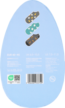 Tył niebieskiego, owalnego opakowania 3 par stopek: szare w chmurki, turkusowe w chmurki, ciemne w motylki. Rozmiary, certyfikat OEKO-TEX.