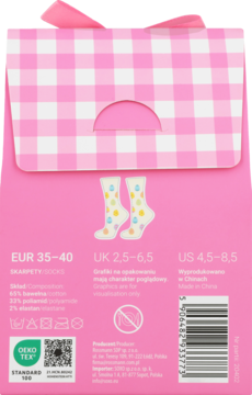 Tył różowego opakowania skarpetek z białą lamówką i kolorowymi pisankami, rozmiary EUR 35-40, skład.