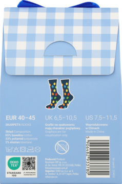 Tył opakowania skarpetek z kolorowymi kropkami na niebieskim tle, rozmiary, skład 80% bawełna. Etykieta OEKO-TEX.