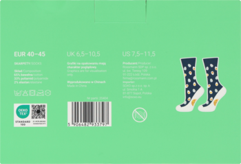 Tył zielonego opakowania skarpetek z białymi kropkami i żółtymi piętami, widoczne rozmiary i kod kreskowy.
