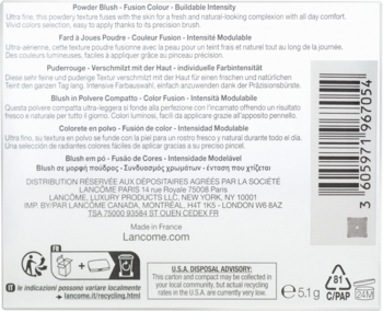Tył opakowania różu Lancôme Blush Subtil. Widoczny kod kreskowy, teksty w wielu językach, waga 5.1g.