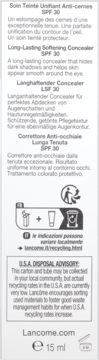 Tylna strona opakowania korektora Lancôme Effacernes Longue Tenue SPF 30 z opisami w 4 językach i informacją o recyklingu.