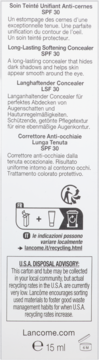 Tył kartonowego opakowania korektora Lancôme Effacernes Longue Tenue SPF 30, widoczne instrukcje recyklingu.