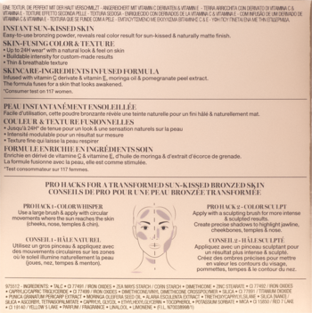 Tył opakowania bronzera w kamieniu Lancôme, z listą składników, instrukcjami i diagramami aplikacji na twarz.