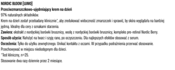 Biała strona z czarnym tekstem opisującym krem Lumene Nordic Bloom: przeciwzmarszczkowy krem na dzień, 97% naturalnych składników.