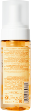 Tył butelki Lumene Kirkas Brightening Cleansing Foam 150ml, pomarańczowy płyn, etykieta z tekstem i kodem.