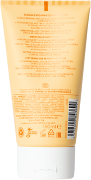 Tył żółtej tubki Lumene Radiance Boosting Cleansing Cream z czarnym tekstem, listą składników i certyfikatami.