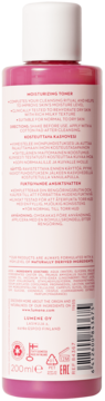 Tył różowego toniku Lumene Hellä 200ml dla skóry suchej, z etykietą, składem, kodem kreskowym.