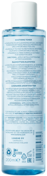Tył niebieskiej butelki toniku Lumene Herkkä 200ml, widoczny kod kreskowy, recykling i tekst „SOOTHING TONER”.