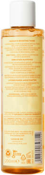Tył toniku Lumene Kirkas Radiance Boosting, butelka pomarańczowo-przezroczysta z białym korkiem, instrukcje.