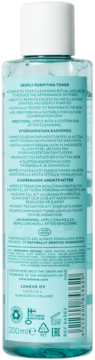 Tył butelki Lumene Puhdas Głęboko Oczyszczający Tonik, 200ml, widoczny skład i informacje produktowe.