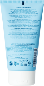 Tył jasnoniebieskiej tubki Lumene Herkkä Soothing Cleansing Milk 150ml, z opisem i składem dla skóry wrażliwej.