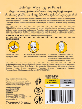 Tył opakowania Isana czekoladowych płatków pod oczy z hialuronem. Beżowy kartonik, instrukcja użycia, skład i kod kreskowy.
